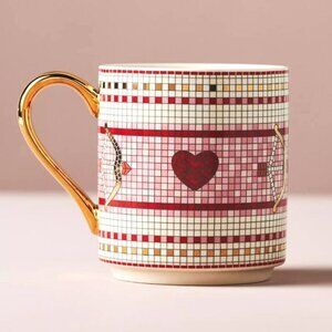 Anthropologie Bistro Tile Mug Valentine's 24K Gold Decaled Glazed Stoneware New